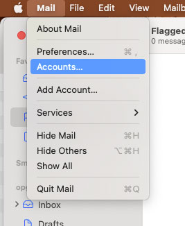 To add another email account, click on the Mail menu and select Accounts