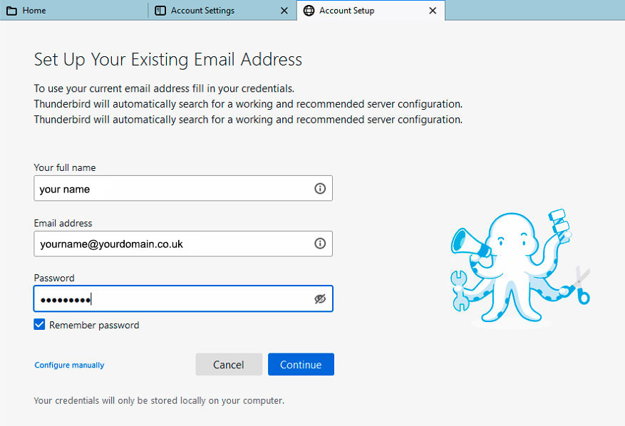 Enter your email account details and press continue