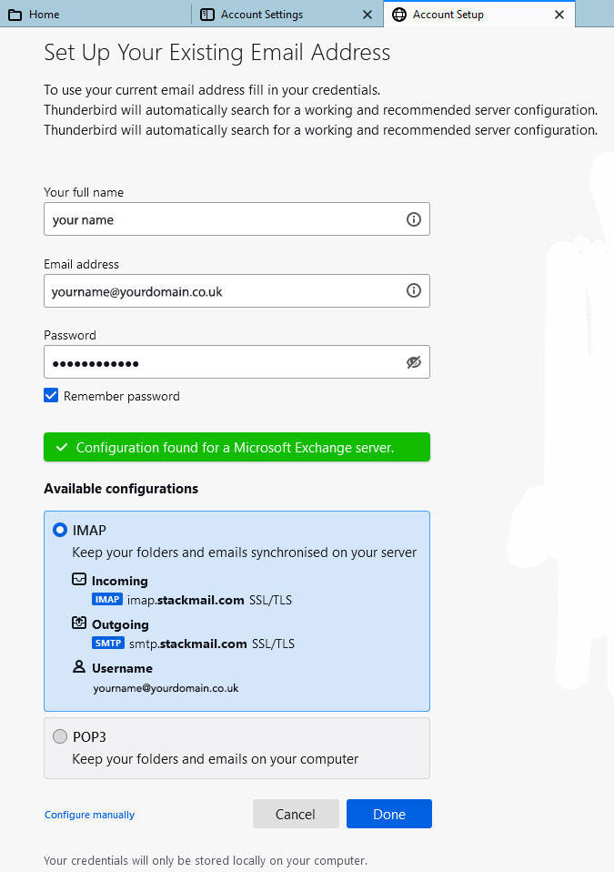 Thunderbird will find the IMAP setting automatically