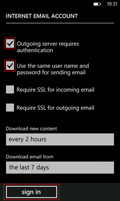 Email Advanced Options Screen